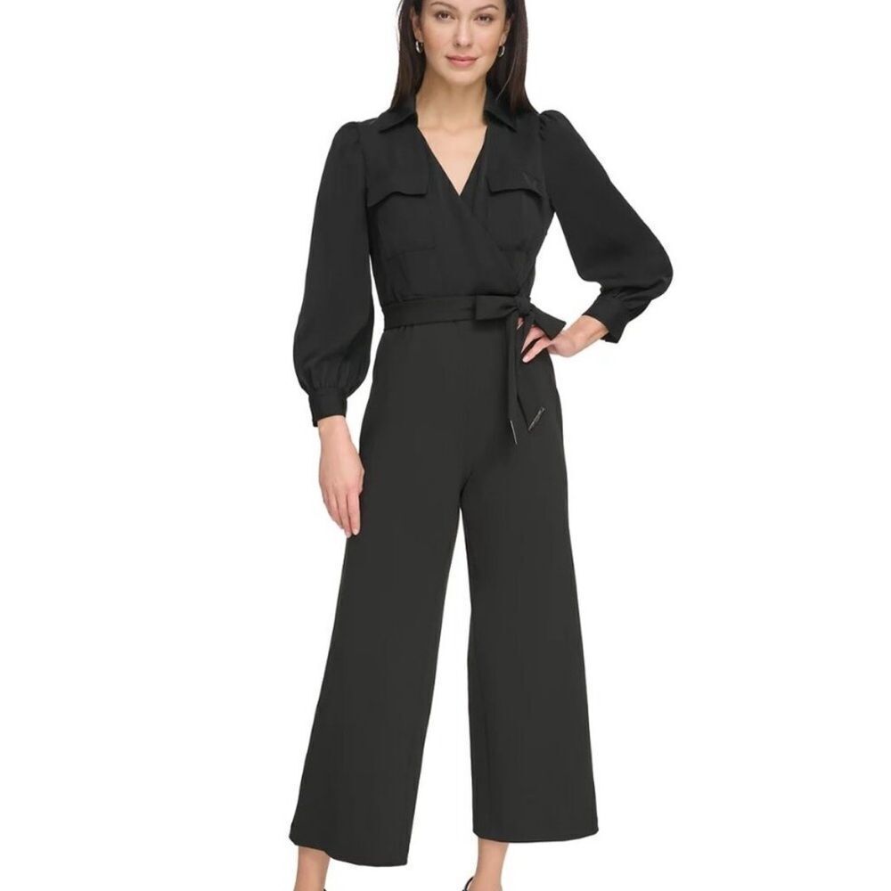 DKNY Women's Collared Tie-Waist‎ Long-Sleeve Jumpsuit Black 2 NWT